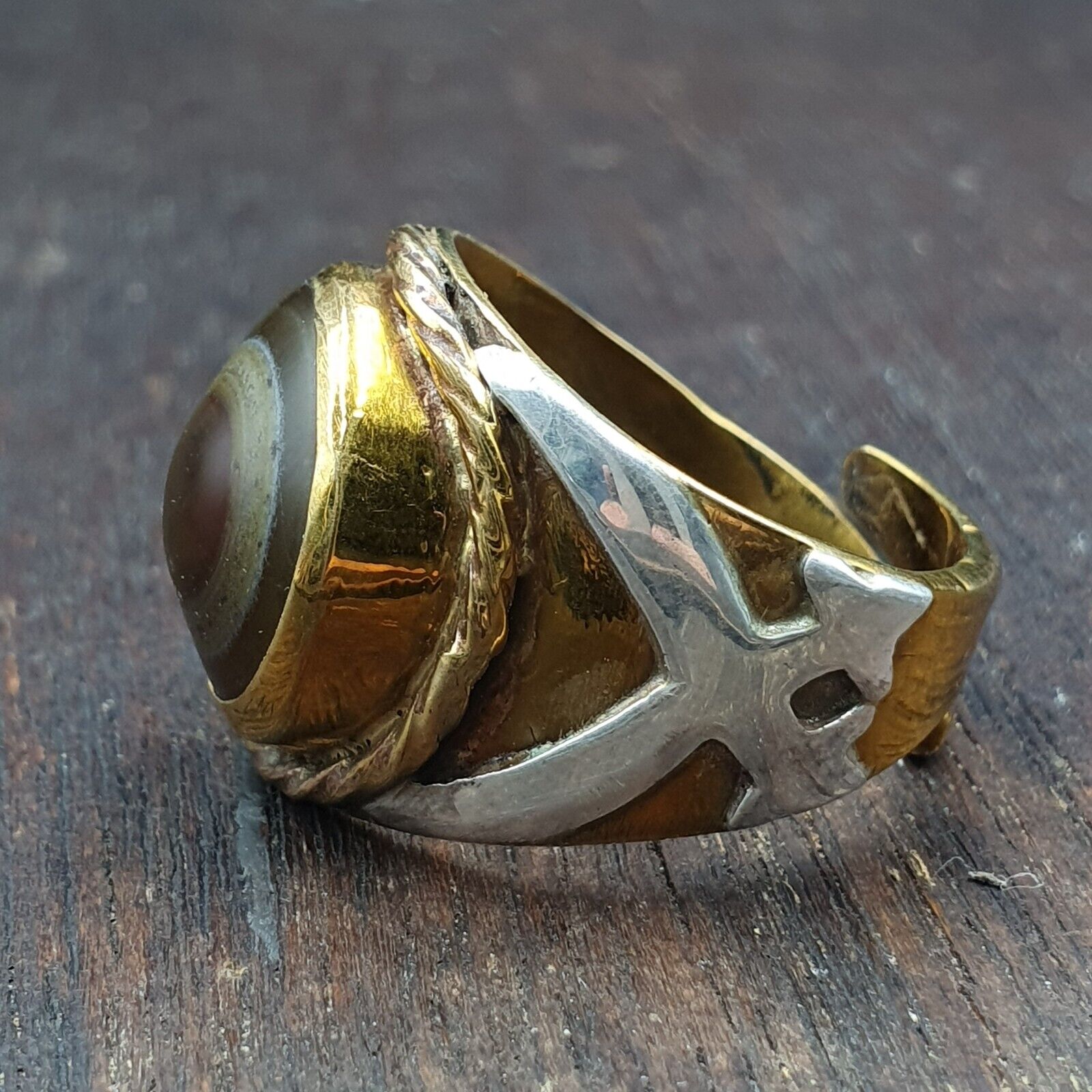 Antique Silver Inlay brass Ring With Tibetan Eye Agate Center Stone Gold Plated