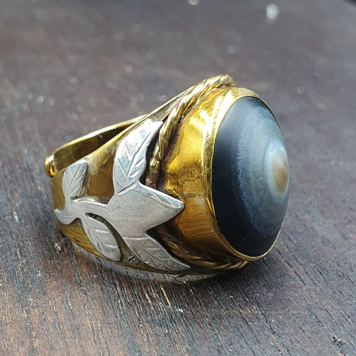 Antique Silver Inlay brass Ring With Tibetan Eye Agate Center Stone Gold Plated
