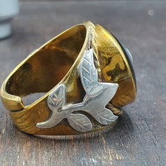 Antique Silver Inlay brass Ring With Tibetan Eye Agate Center Stone Gold Plated