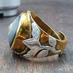 Antique Silver Inlay brass Ring With Tibetan Eye Agate Center Stone Gold Plated