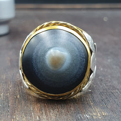 Antique Silver Inlay brass Ring With Tibetan Eye Agate Center Stone Gold Plated