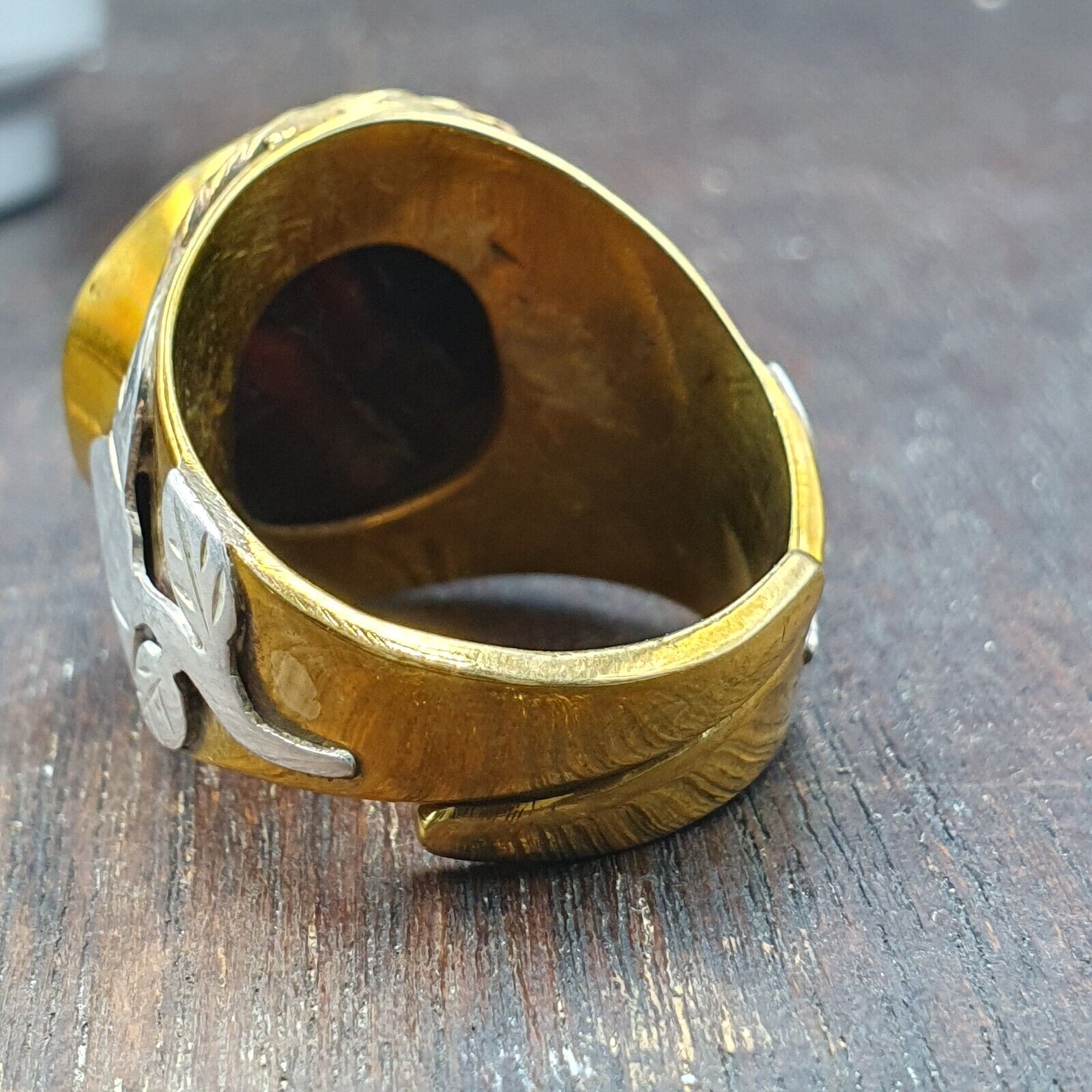 Antique Silver Inlay brass Ring With Tibetan Eye Agate Center Stone Gold Plated