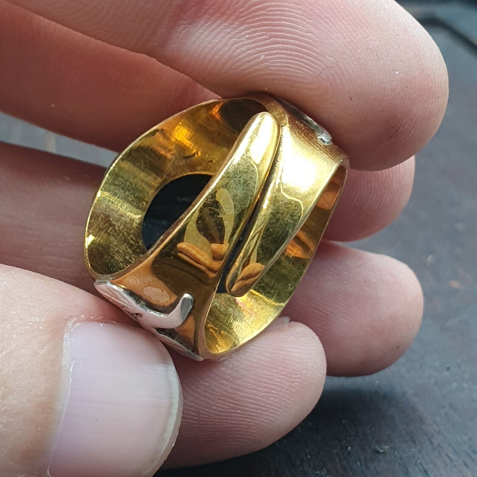 Antique Silver Inlay brass Ring With Tibetan Eye Agate Center Stone Gold Plated