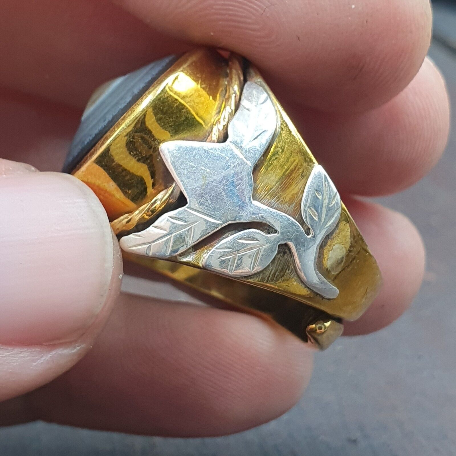 Antique Silver Inlay brass Ring With Tibetan Eye Agate Center Stone Gold Plated