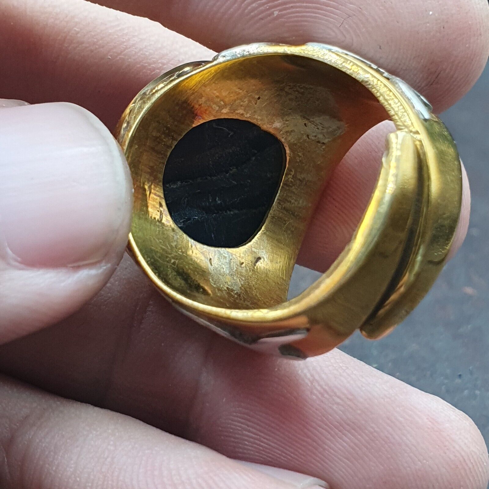 Antique Silver Inlay brass Ring With Tibetan Eye Agate Center Stone Gold Plated