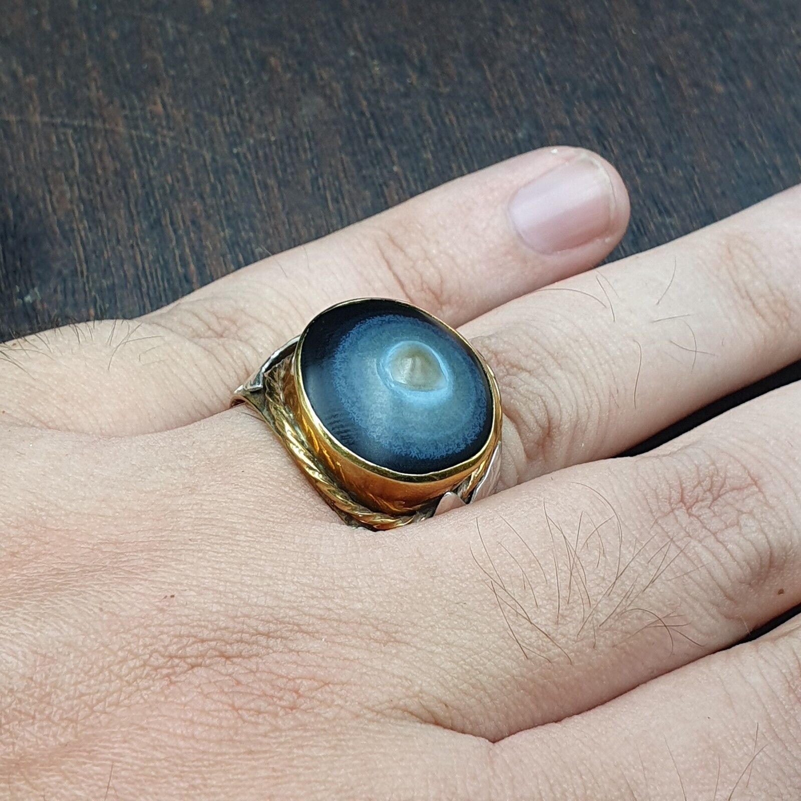 Antique Silver Inlay brass Ring With Tibetan Eye Agate Center Stone Gold Plated