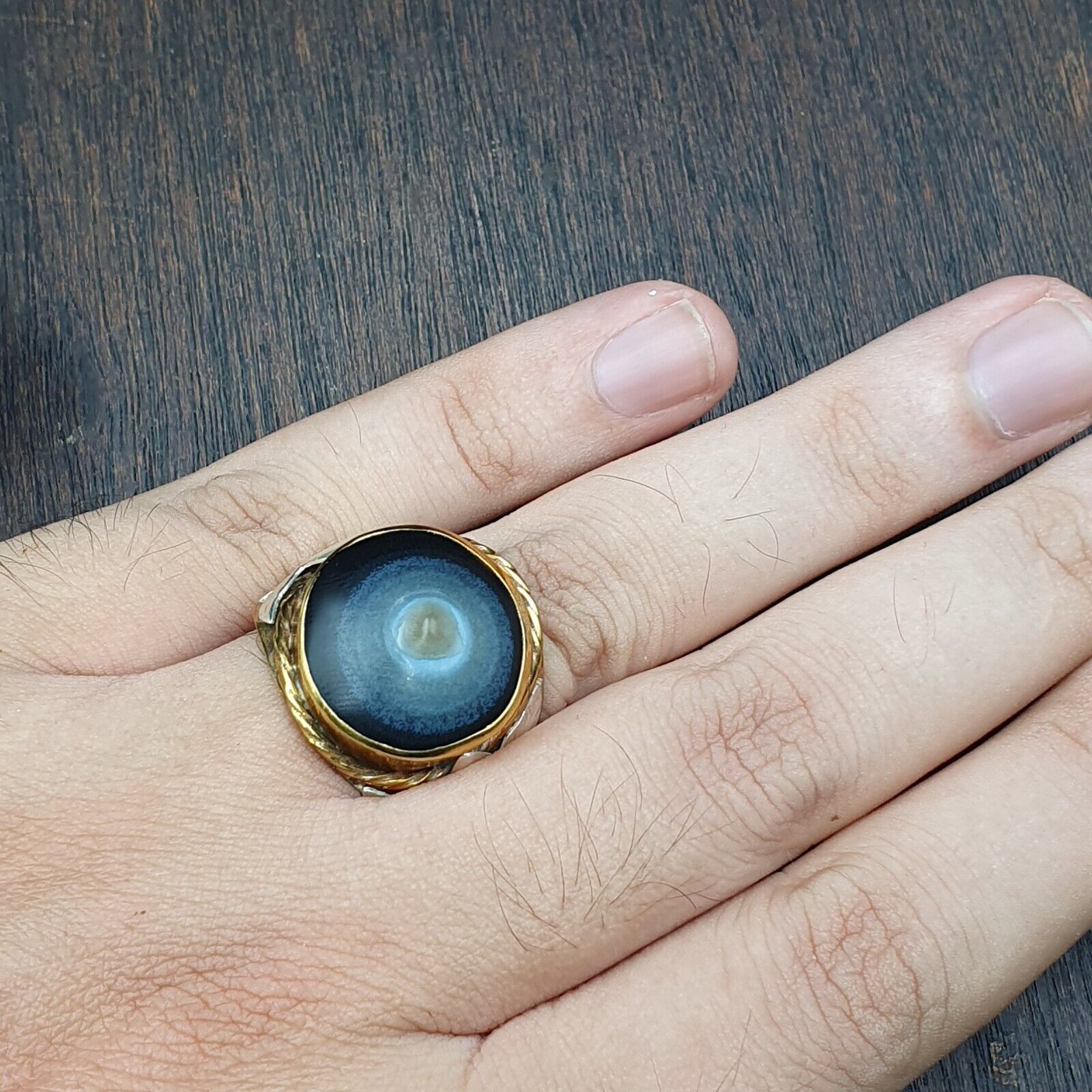 Antique Silver Inlay brass Ring With Tibetan Eye Agate Center Stone Gold Plated
