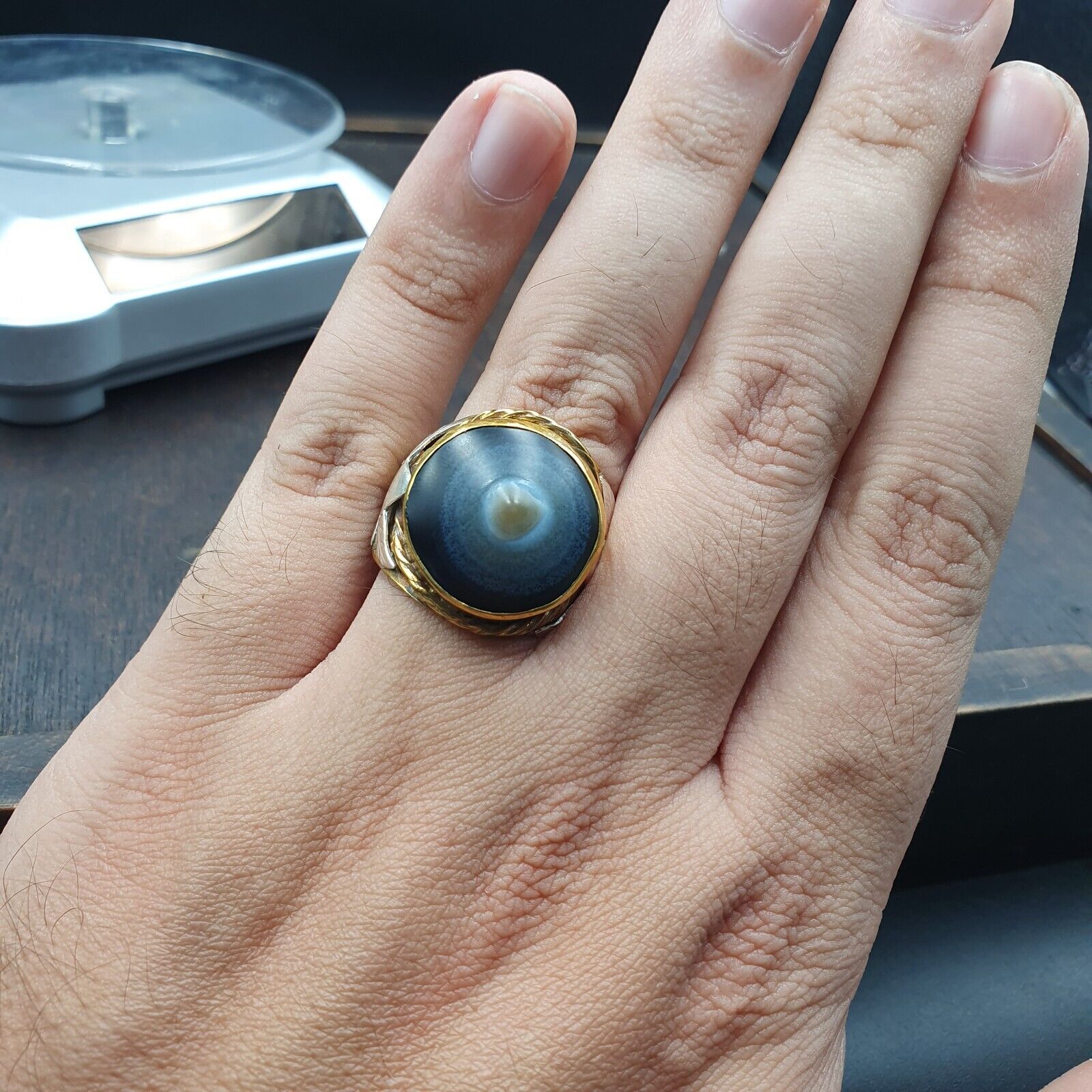 Antique Silver Inlay brass Ring With Tibetan Eye Agate Center Stone Gold Plated