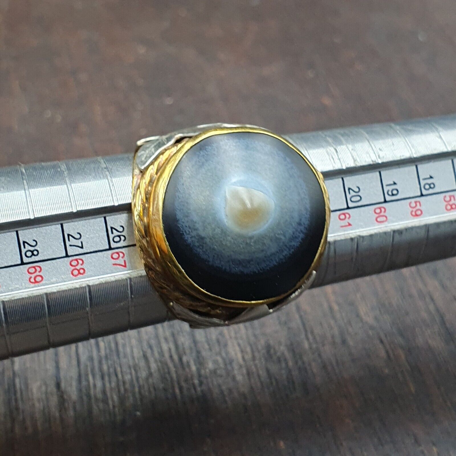 Antique Silver Inlay brass Ring With Tibetan Eye Agate Center Stone Gold Plated