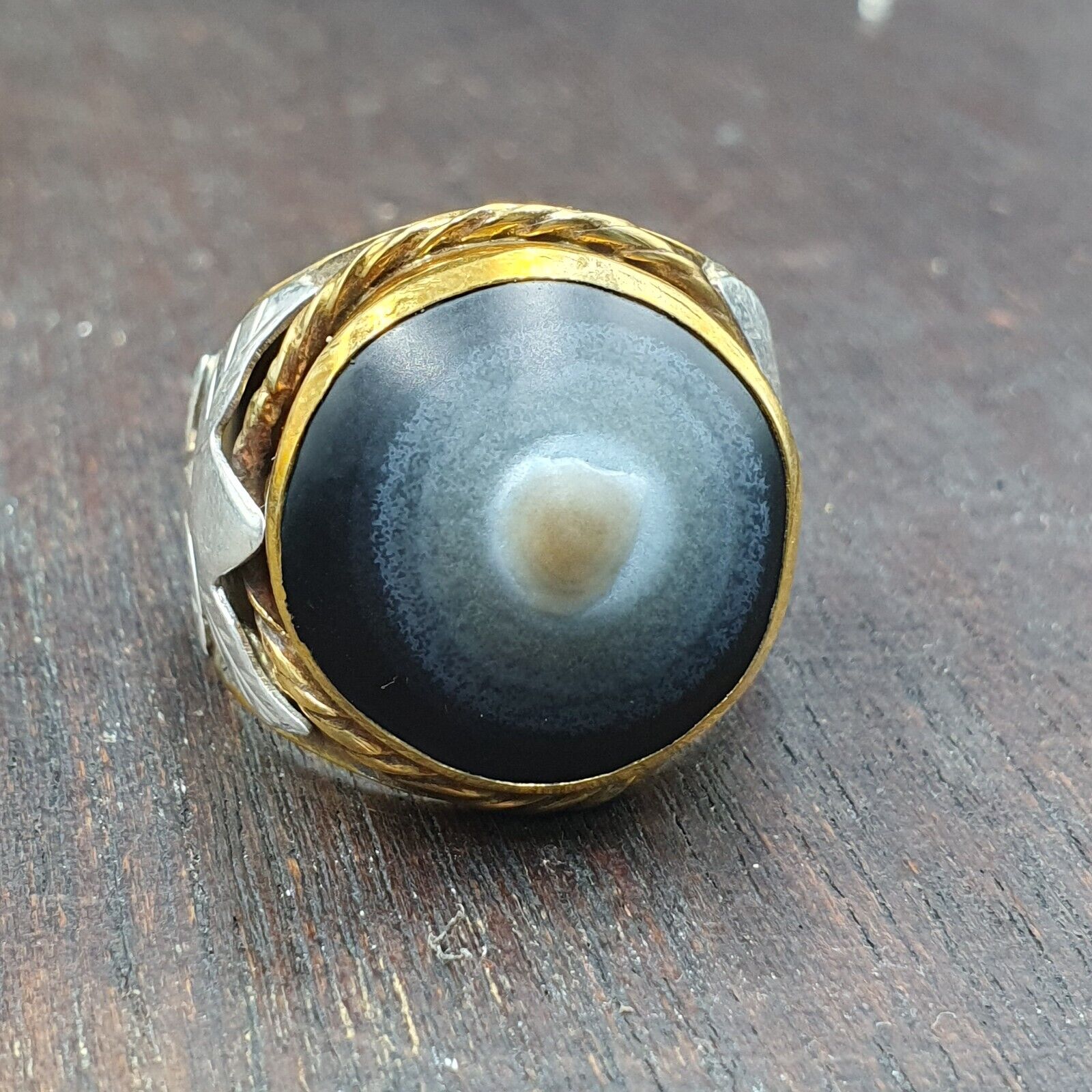 Antique Silver Inlay brass Ring With Tibetan Eye Agate Center Stone Gold Plated