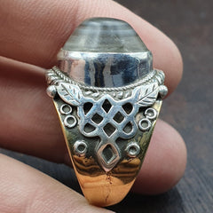 Antique Tibetan Eye Agate Center Stone Silver Inlay Gold Plated brass Ring