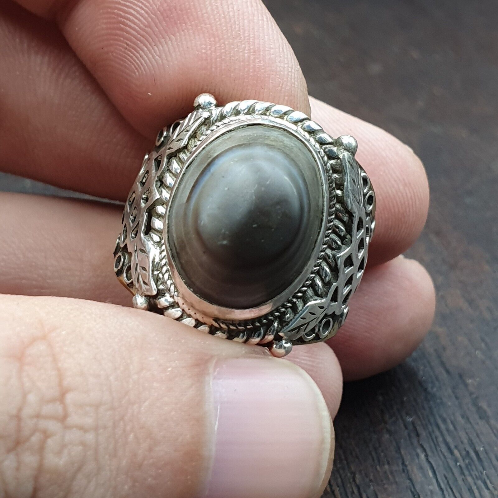 Antique Tibetan Eye Agate Center Stone Silver Inlay Gold Plated brass Ring