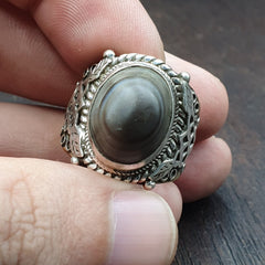 Antique Tibetan Eye Agate Center Stone Silver Inlay Gold Plated brass Ring