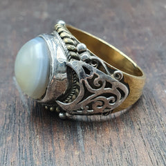 Antique Tibetan Eye Agate Center Stone Silver Inlay Gold Plated brass Ring