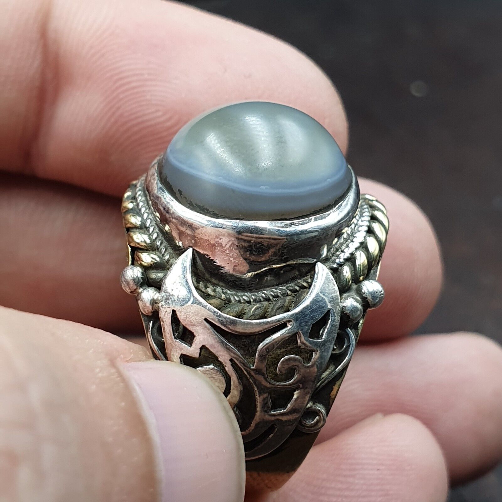 Antique Tibetan Eye Agate Center Stone Silver Inlay Gold Plated brass Ring