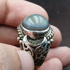 Antique Tibetan Eye Agate Center Stone Silver Inlay Gold Plated brass Ring