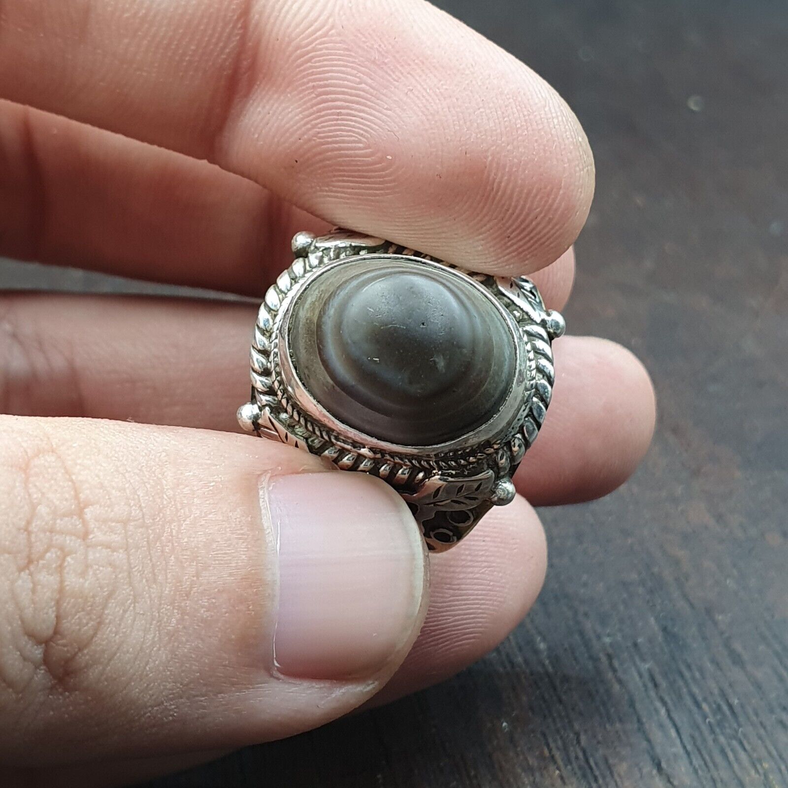 Antique Tibetan Eye Agate Center Stone Silver Inlay Gold Plated brass Ring