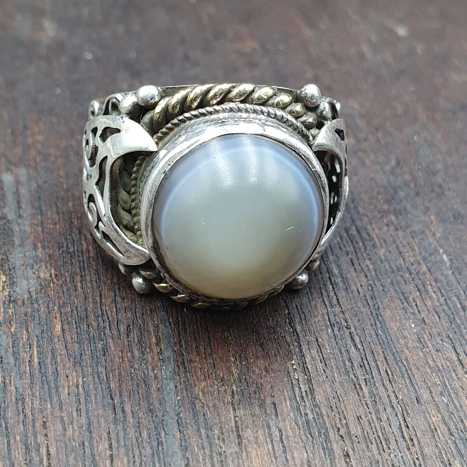 Antique Tibetan Eye Agate Center Stone Silver Inlay Gold Plated brass Ring