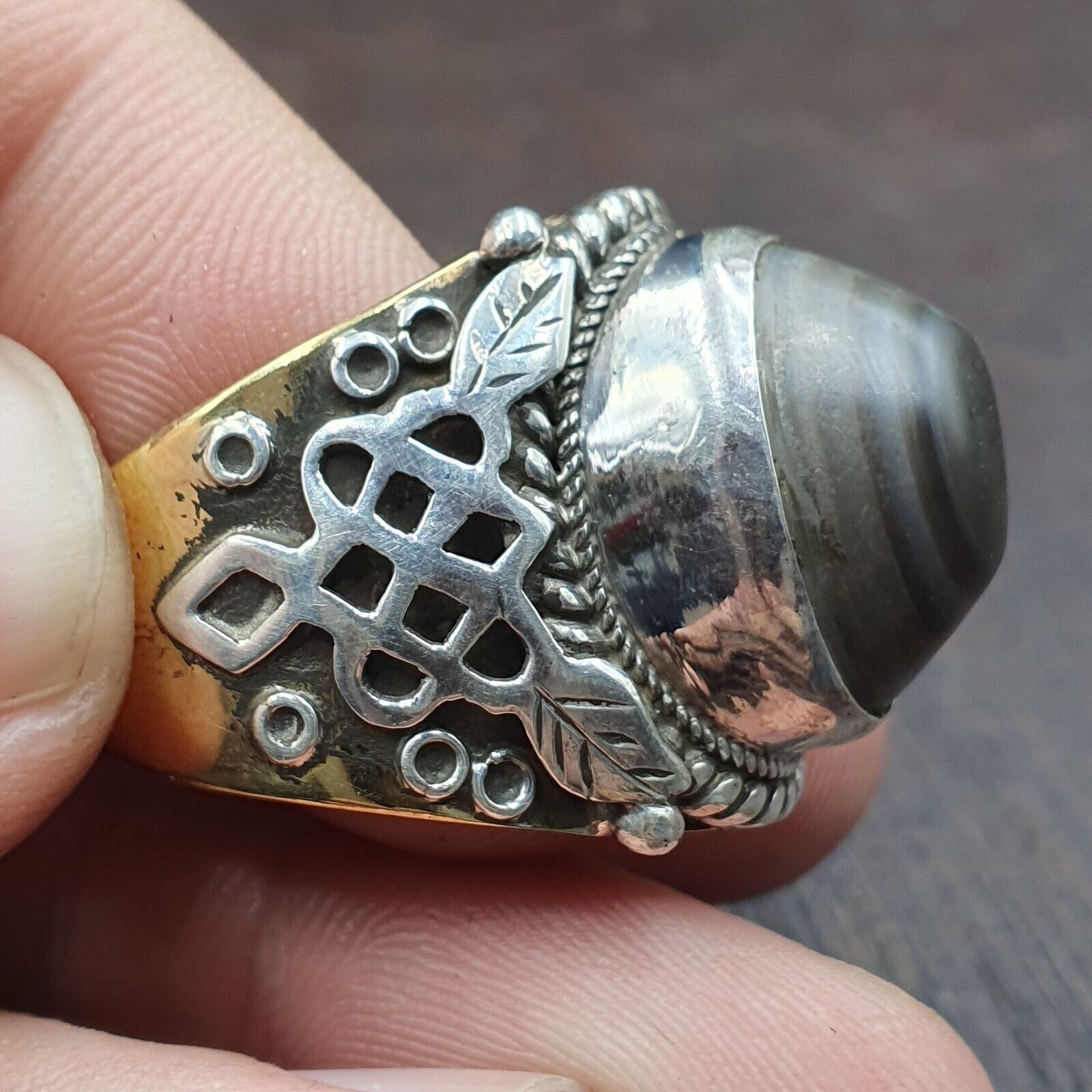 Antique Tibetan Eye Agate Center Stone Silver Inlay Gold Plated brass Ring