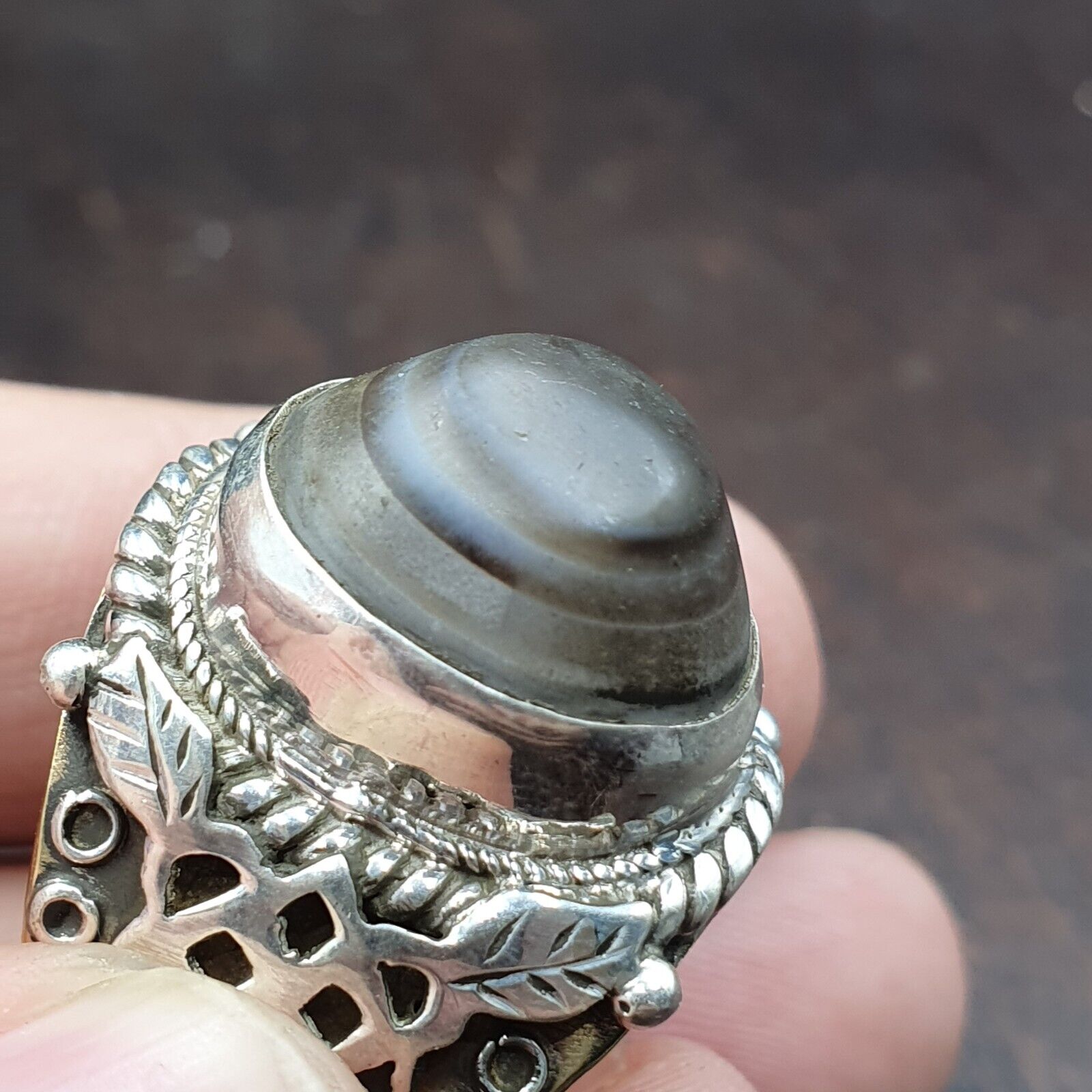 Antique Tibetan Eye Agate Center Stone Silver Inlay Gold Plated brass Ring