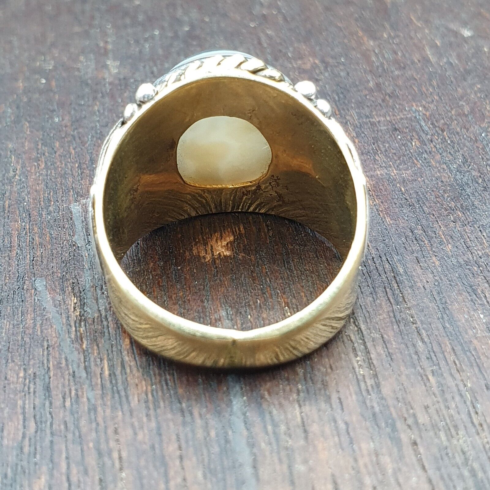 Antique Tibetan Eye Agate Center Stone Silver Inlay Gold Plated brass Ring