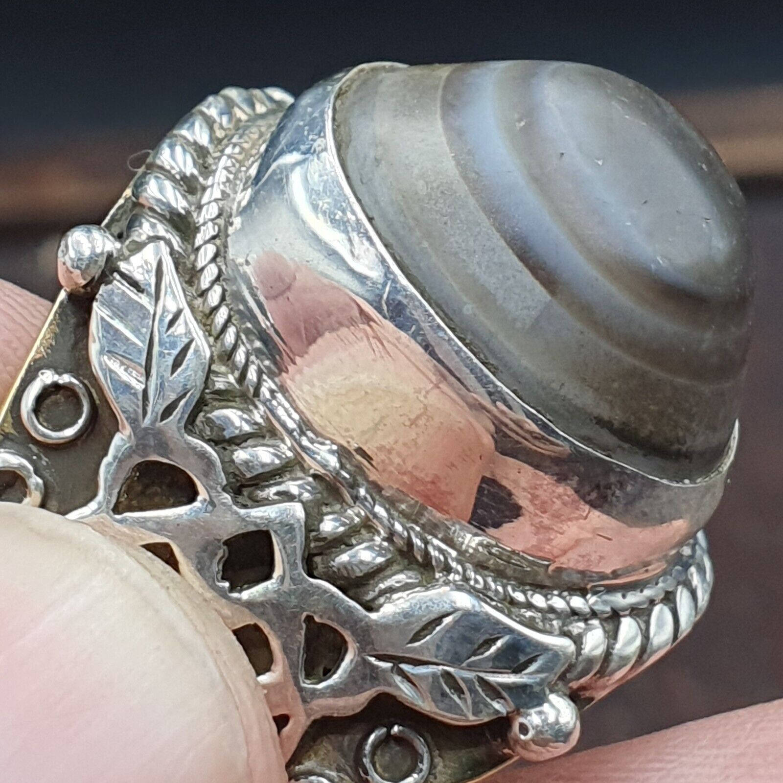 Antique Tibetan Eye Agate Center Stone Silver Inlay Gold Plated brass Ring