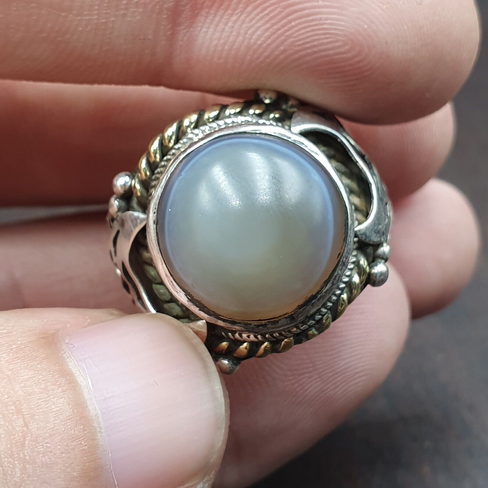 Antique Tibetan Eye Agate Center Stone Silver Inlay Gold Plated brass Ring
