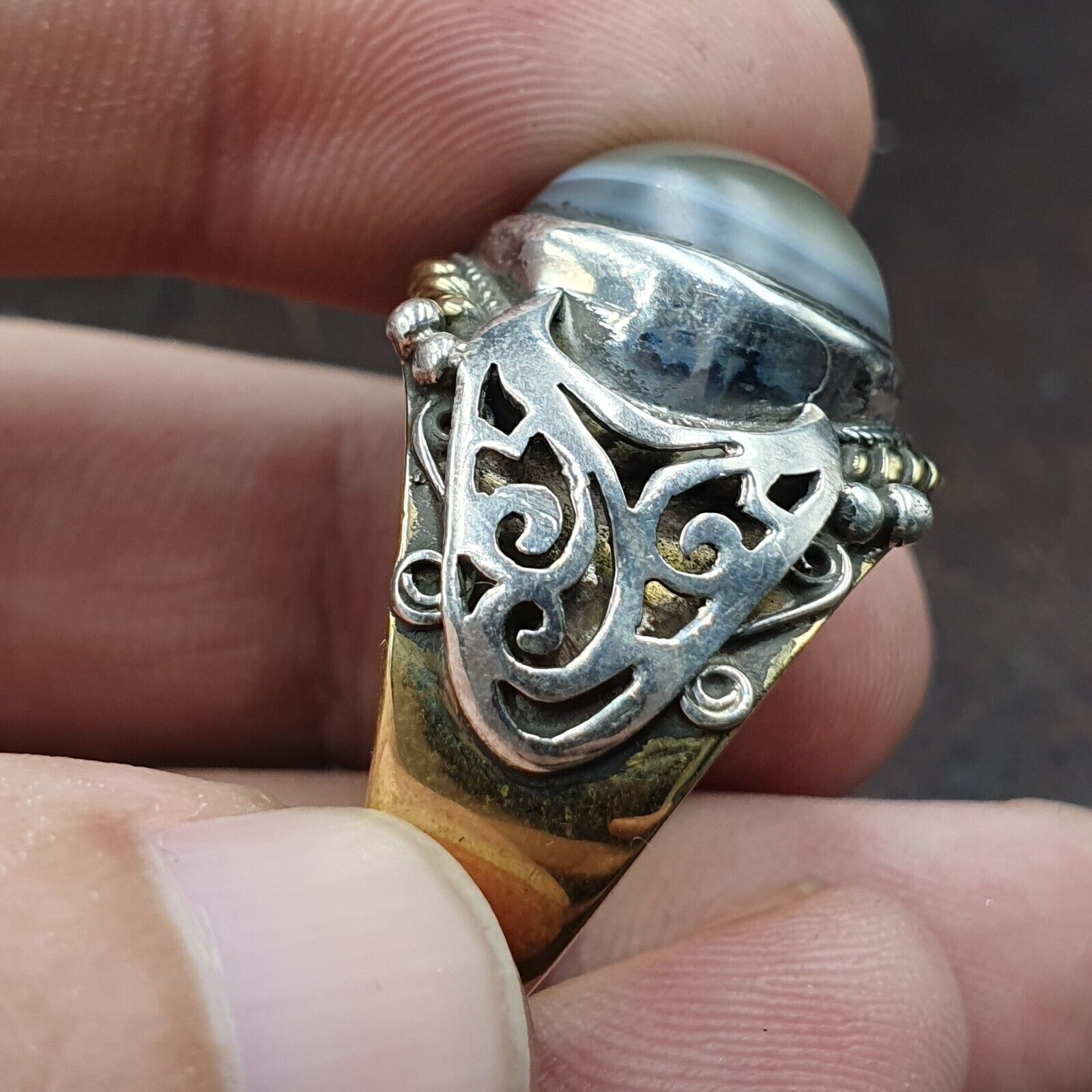 Antique Tibetan Eye Agate Center Stone Silver Inlay Gold Plated brass Ring