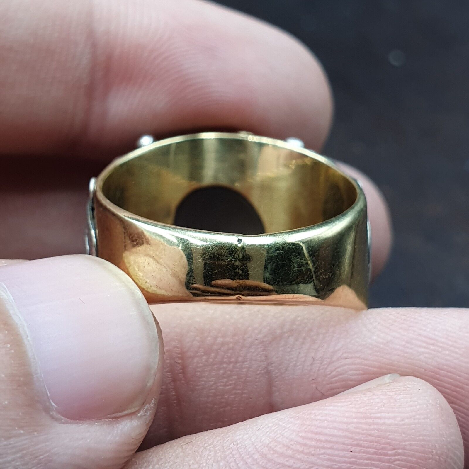 Antique Tibetan Eye Agate Center Stone Silver Inlay Gold Plated brass Ring
