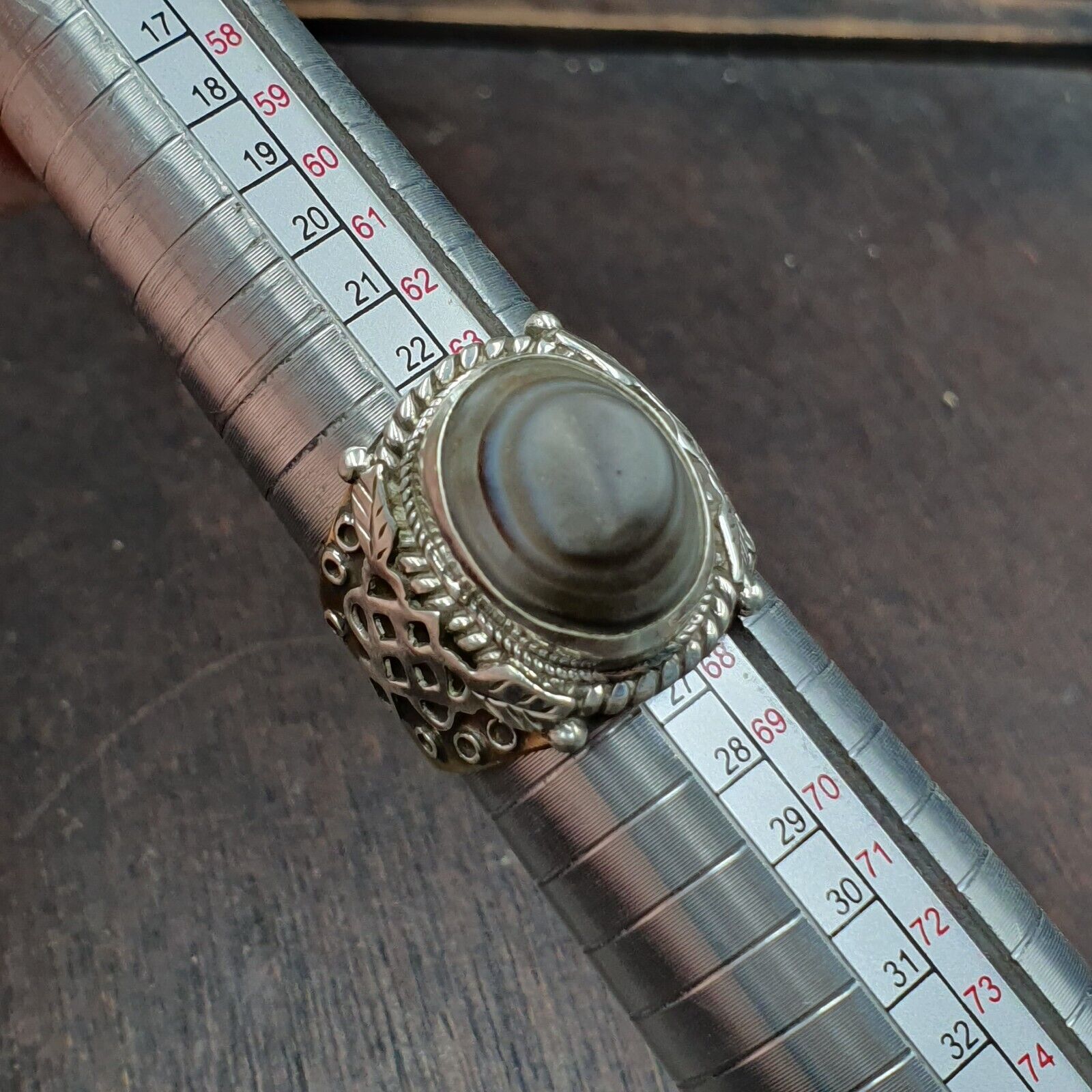 Antique Tibetan Eye Agate Center Stone Silver Inlay Gold Plated brass Ring