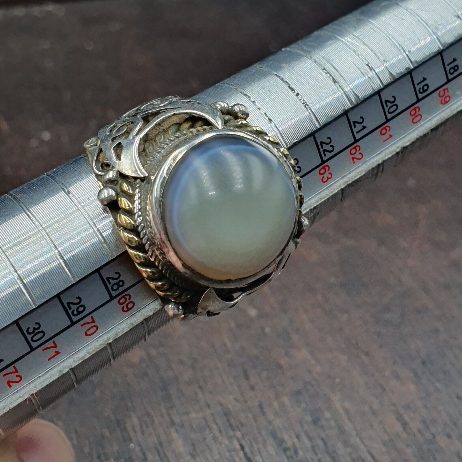 Antique Tibetan Eye Agate Center Stone Silver Inlay Gold Plated brass Ring