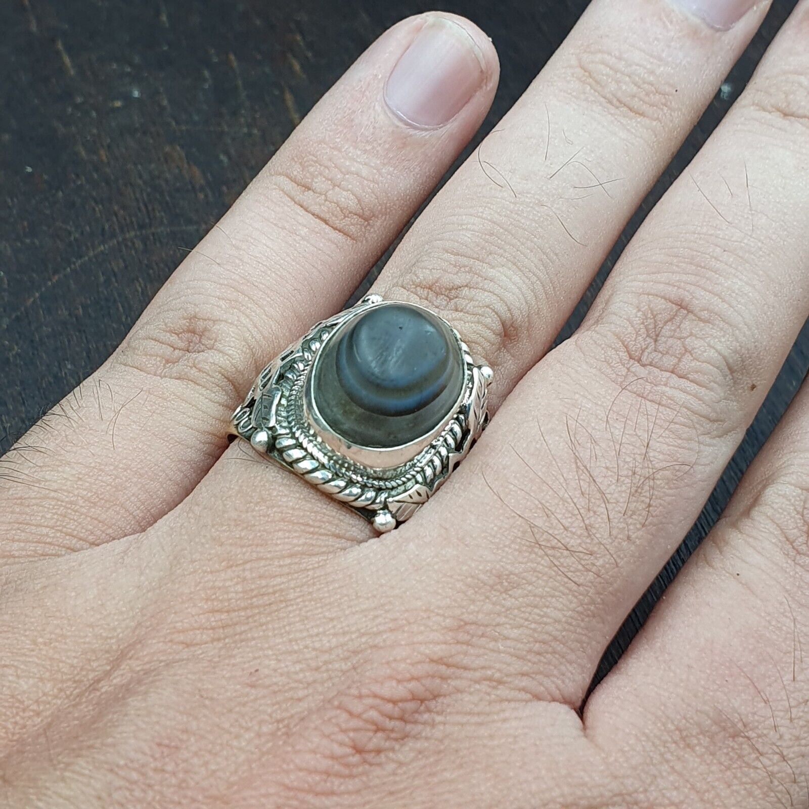 Antique Tibetan Eye Agate Center Stone Silver Inlay Gold Plated brass Ring