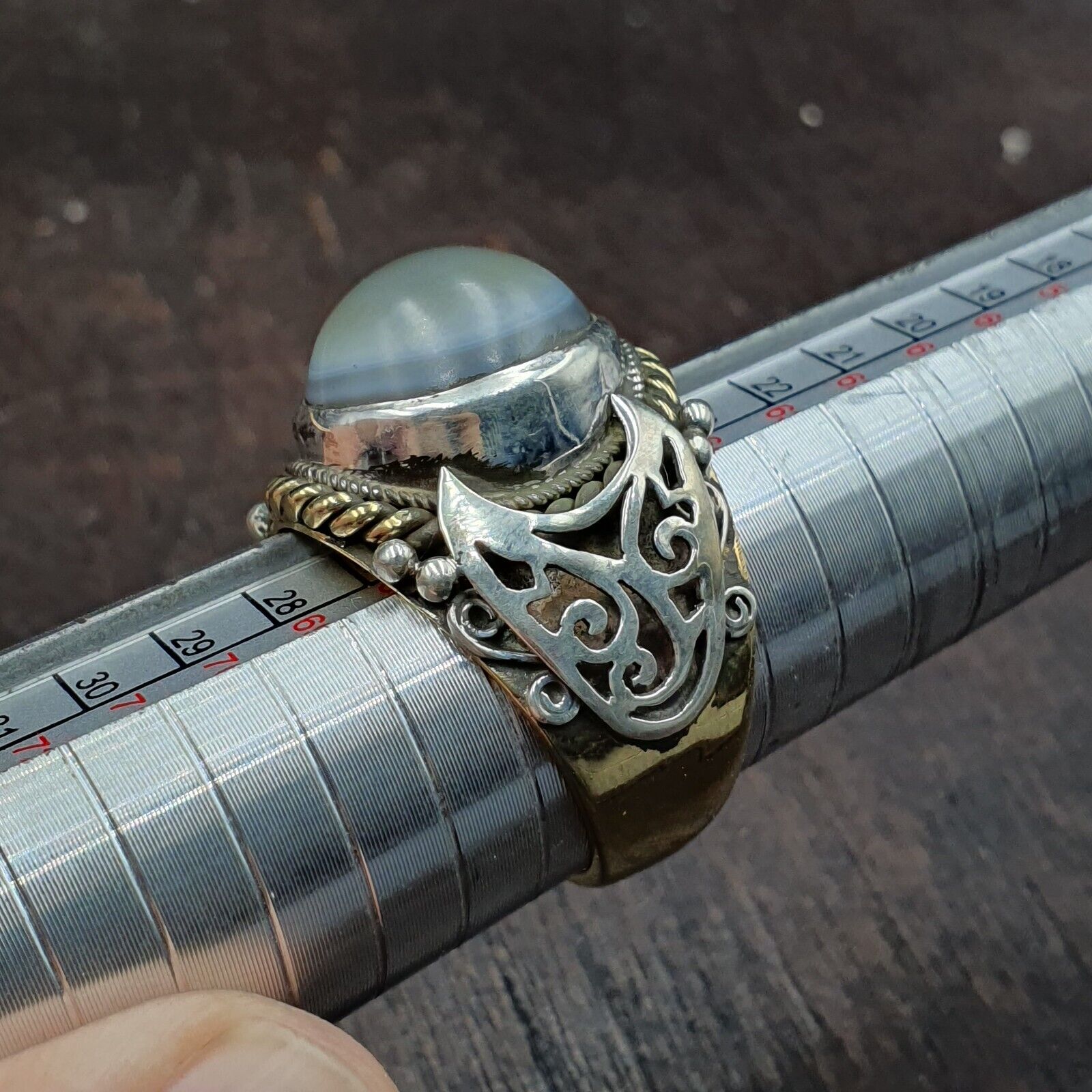 Antique Tibetan Eye Agate Center Stone Silver Inlay Gold Plated brass Ring