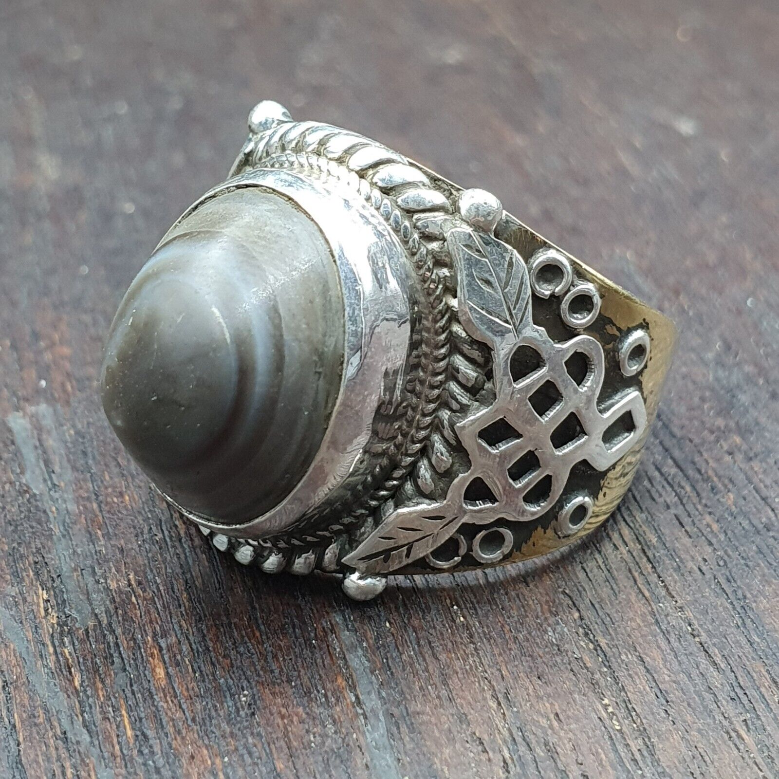 Antique Tibetan Eye Agate Center Stone Silver Inlay Gold Plated brass Ring