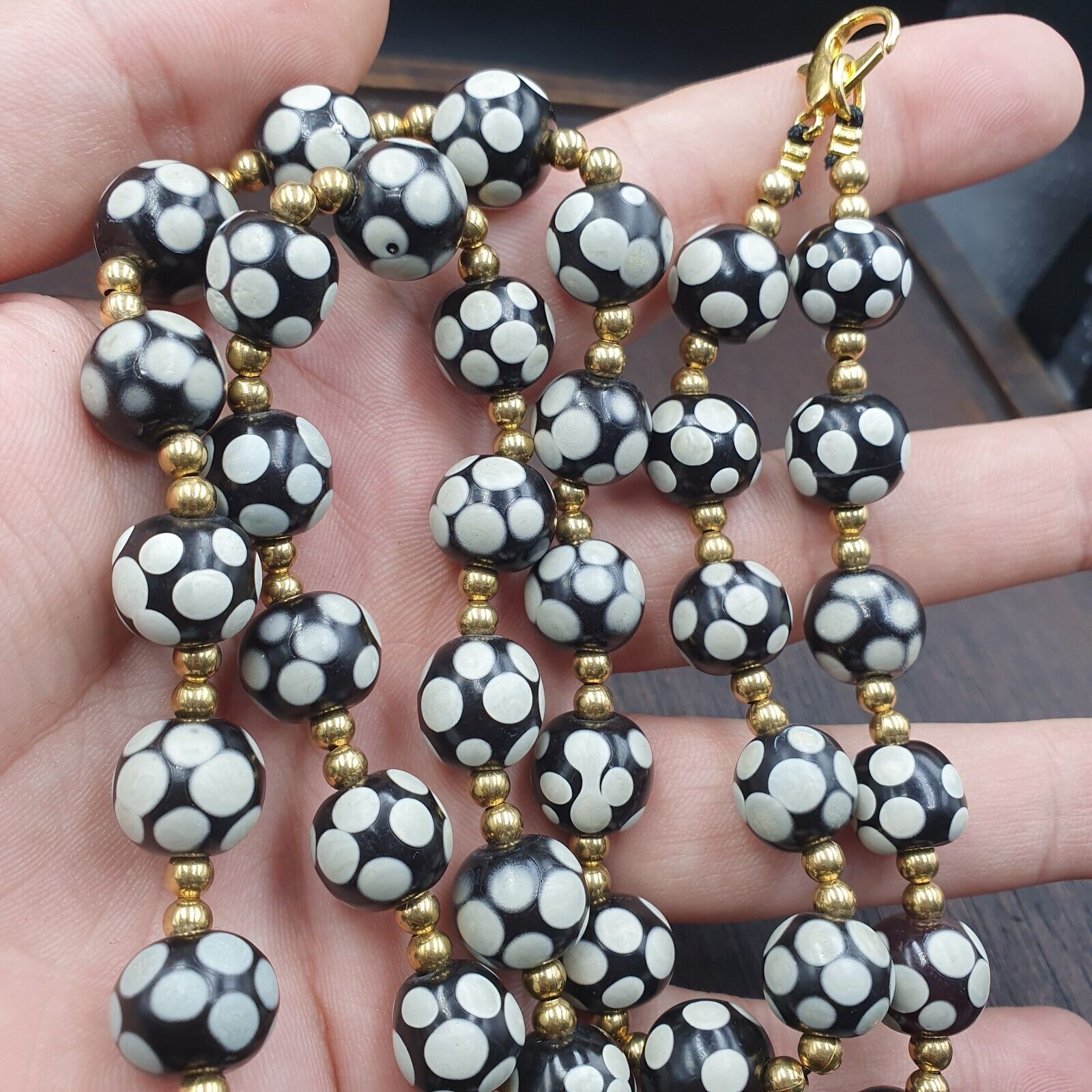Venetian Style Skunk black beads Vintage dotted Beads Strand