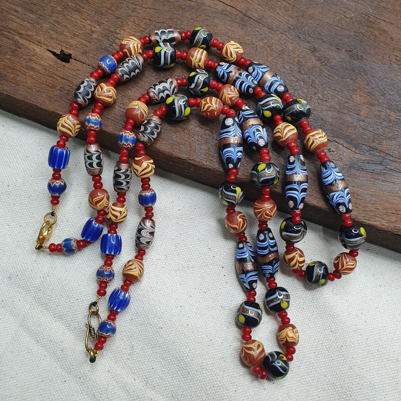 Vintage Fancy Feather Wedding cake Glass Venetian Style Beads Necklace #MX-3