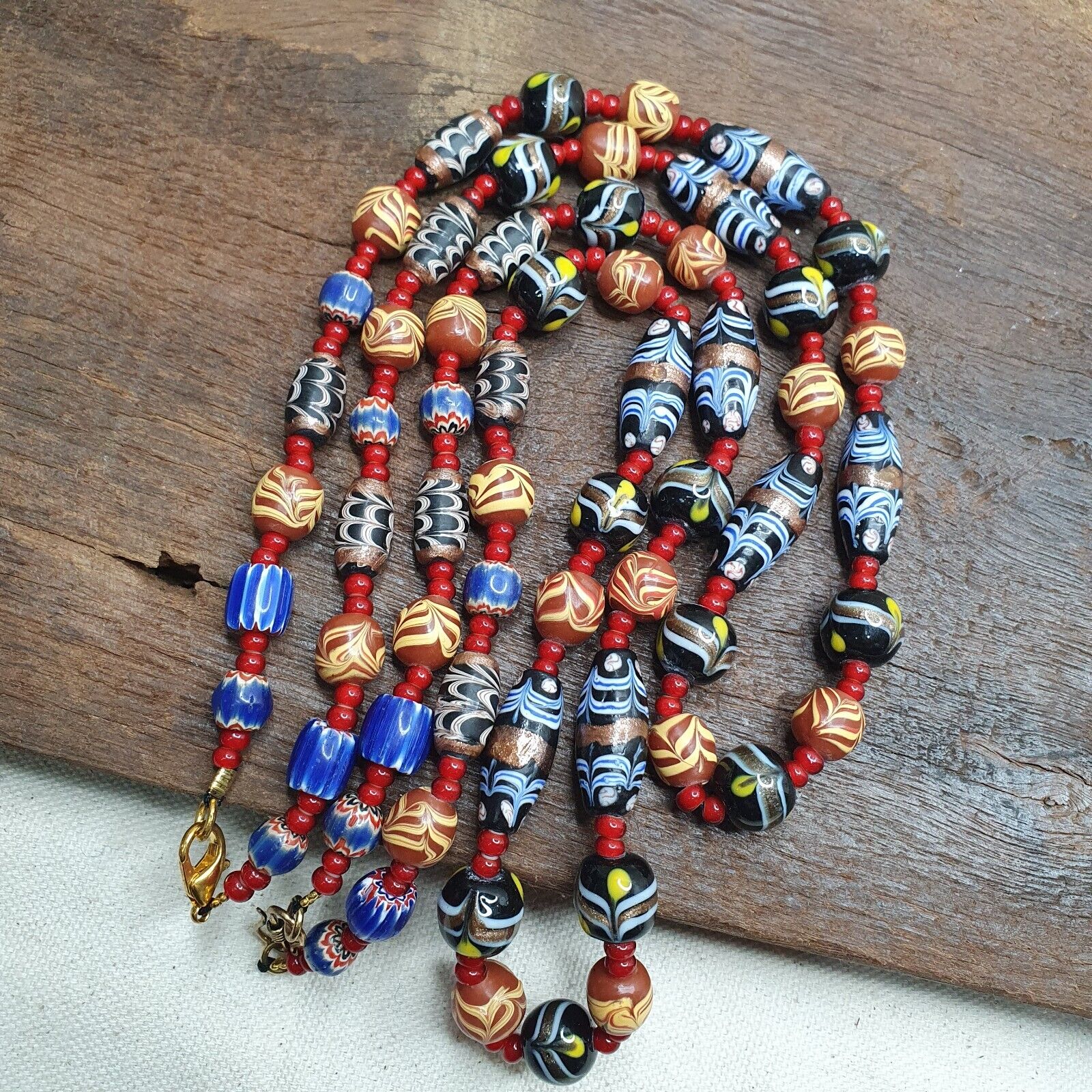 Vintage Fancy Feather Wedding cake Glass Venetian Style Beads Necklace #MX-3