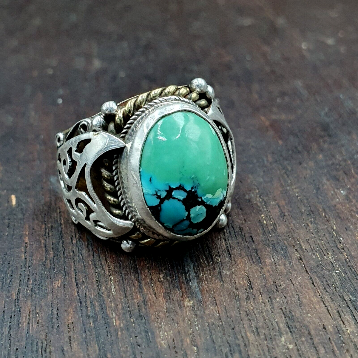 Antique Sterling Silver Inlay brass Ring With Tibetan Turquoise Gold Plated