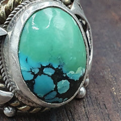 Antique Sterling Silver Inlay brass Ring With Tibetan Turquoise Gold Plated