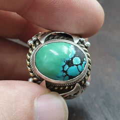 Antique Sterling Silver Inlay brass Ring With Tibetan Turquoise Gold Plated