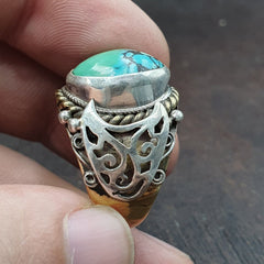 Antique Sterling Silver Inlay brass Ring With Tibetan Turquoise Gold Plated
