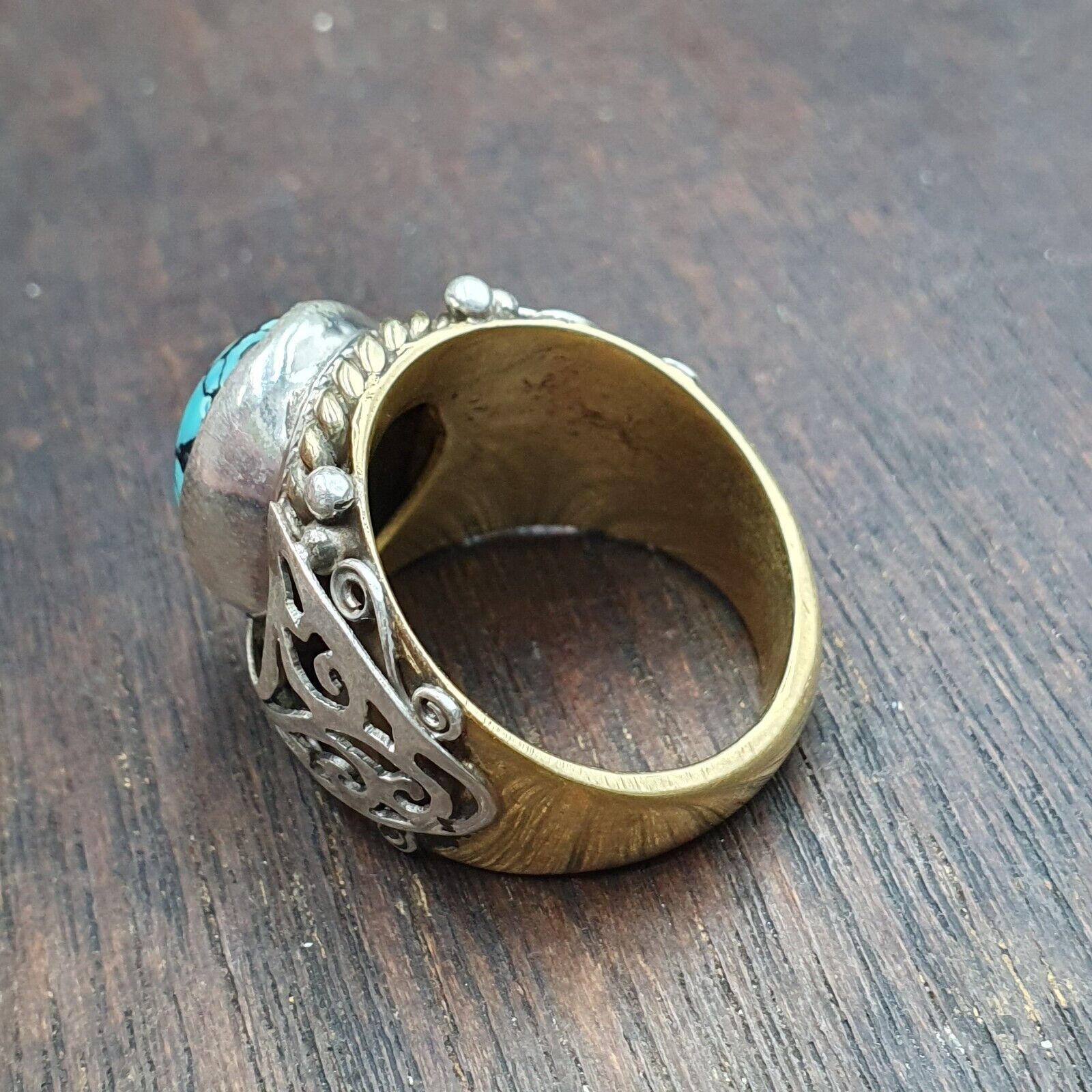 Antique Sterling Silver Inlay brass Ring With Tibetan Turquoise Gold Plated