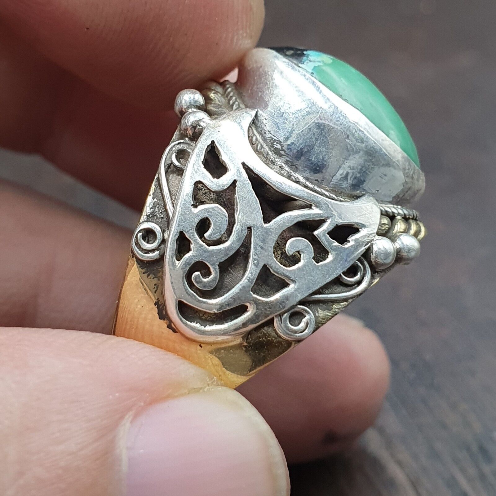Antique Sterling Silver Inlay brass Ring With Tibetan Turquoise Gold Plated