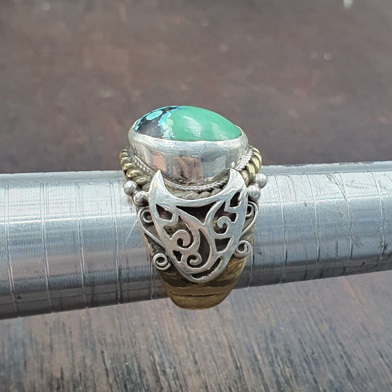 Antique Sterling Silver Inlay brass Ring With Tibetan Turquoise Gold Plated