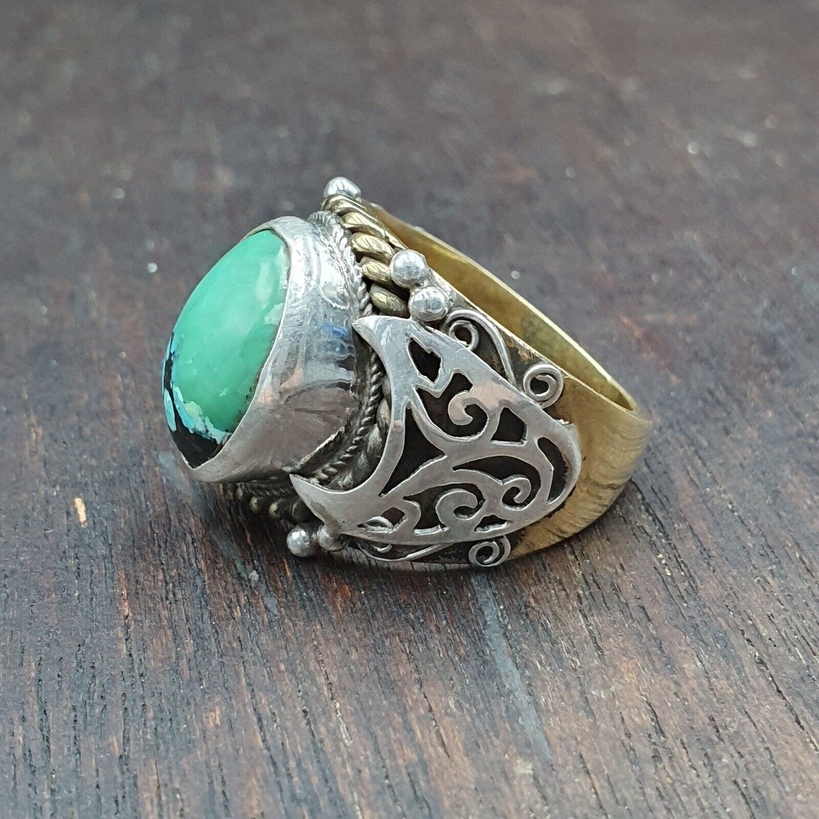 Antique Sterling Silver Inlay brass Ring With Tibetan Turquoise Gold Plated