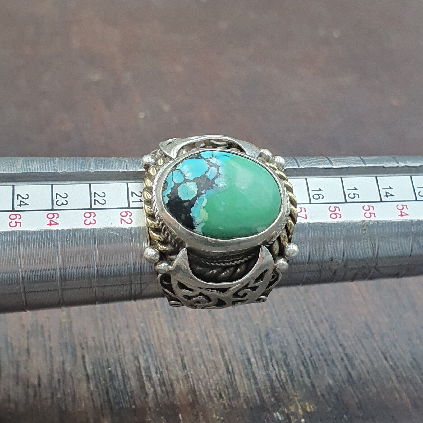Antique Sterling Silver Inlay brass Ring With Tibetan Turquoise Gold Plated