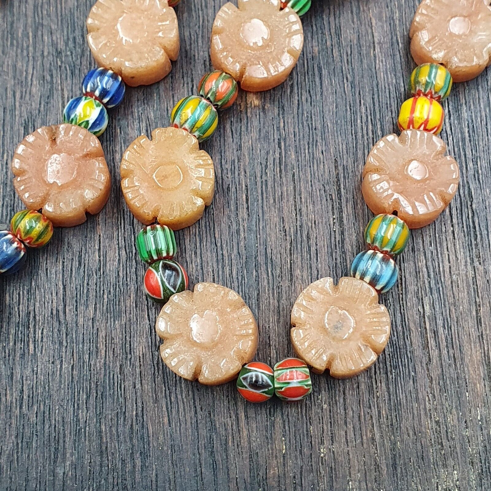 Vintage Yellow Carving Aventurine stone and venetian Chevron Beads Mala Necklace