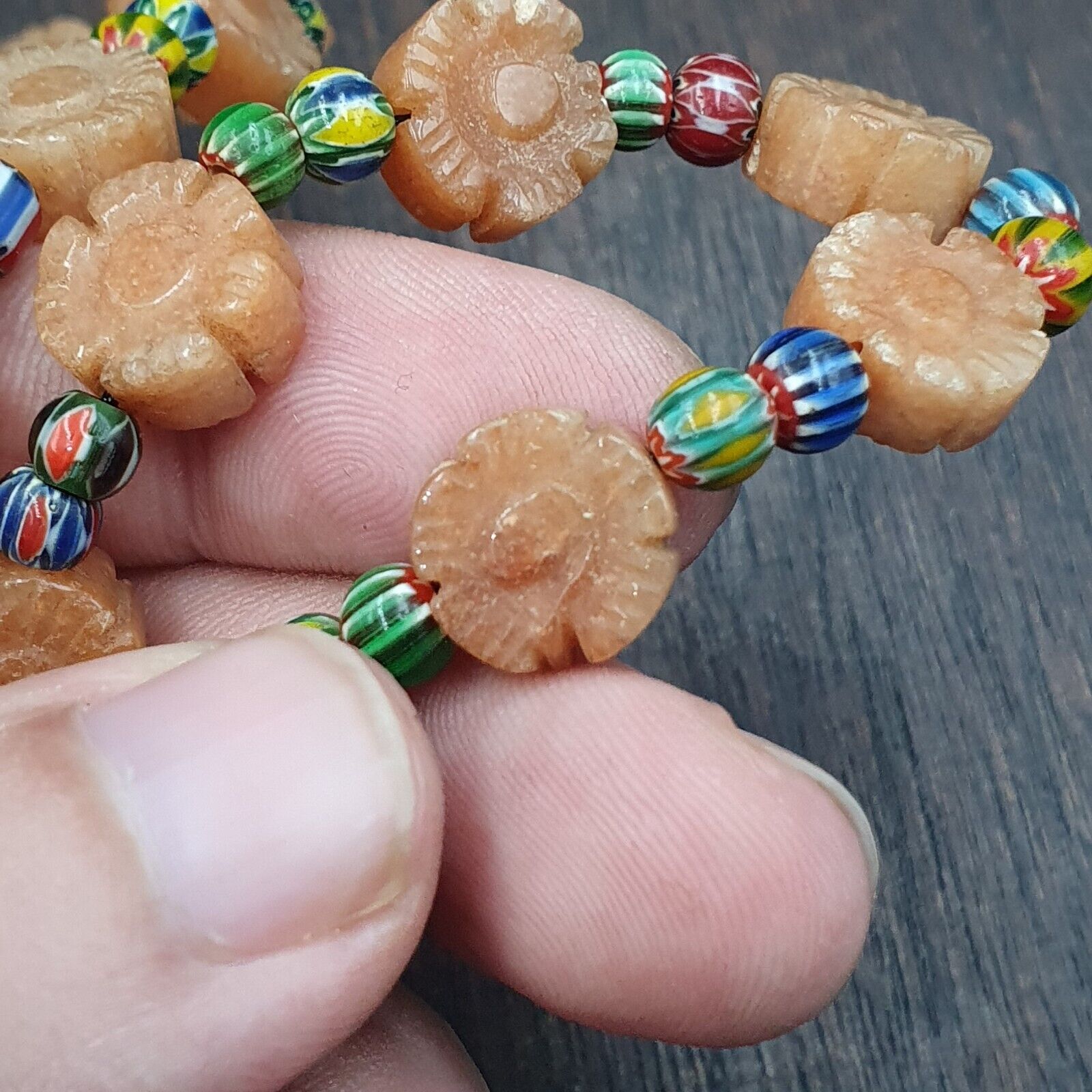 Vintage Yellow Carving Aventurine stone and venetian Chevron Beads Mala Necklace