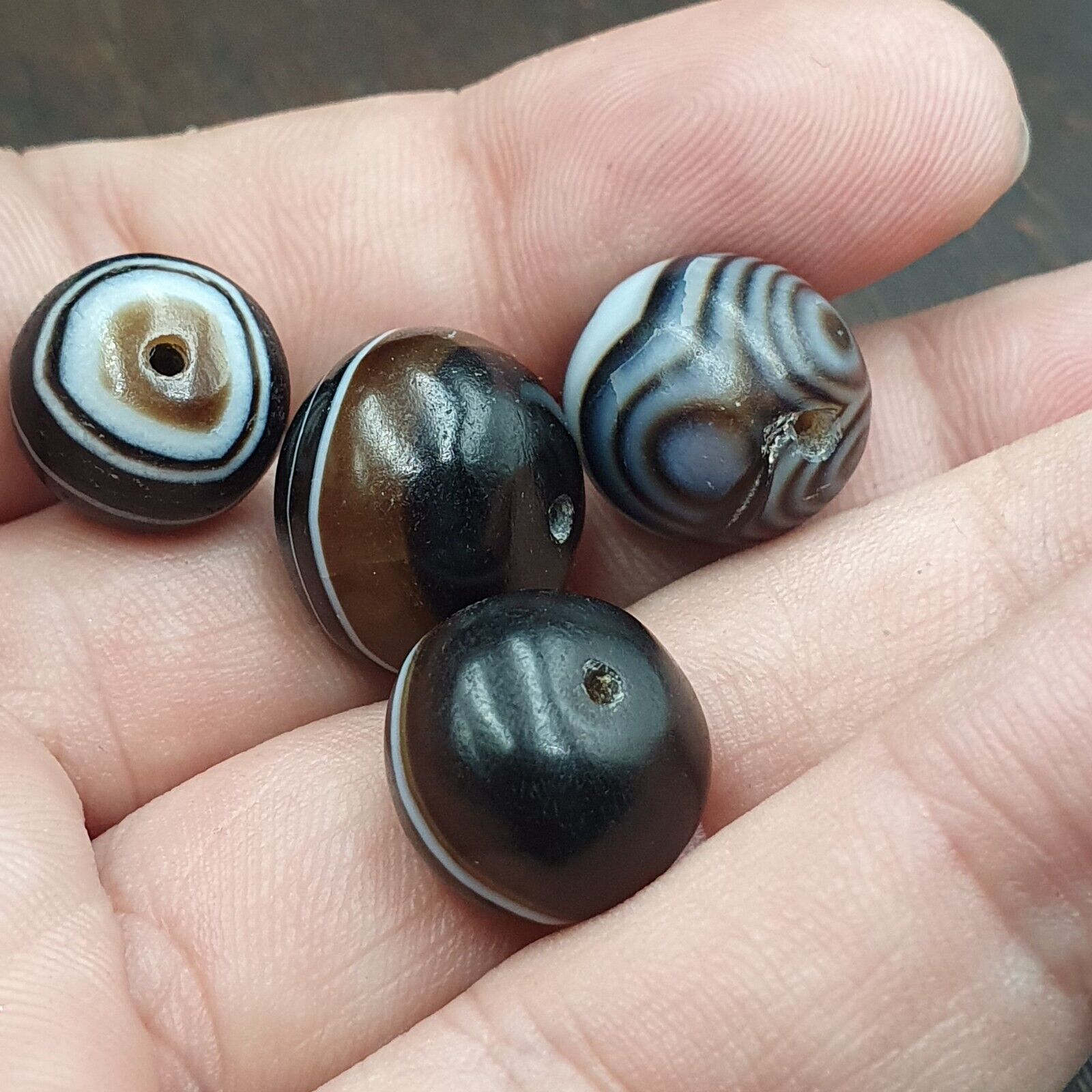 Lot 4 Ancient Antique INDO Himalayan Eye Beads Soleimani Banded Agate Beads