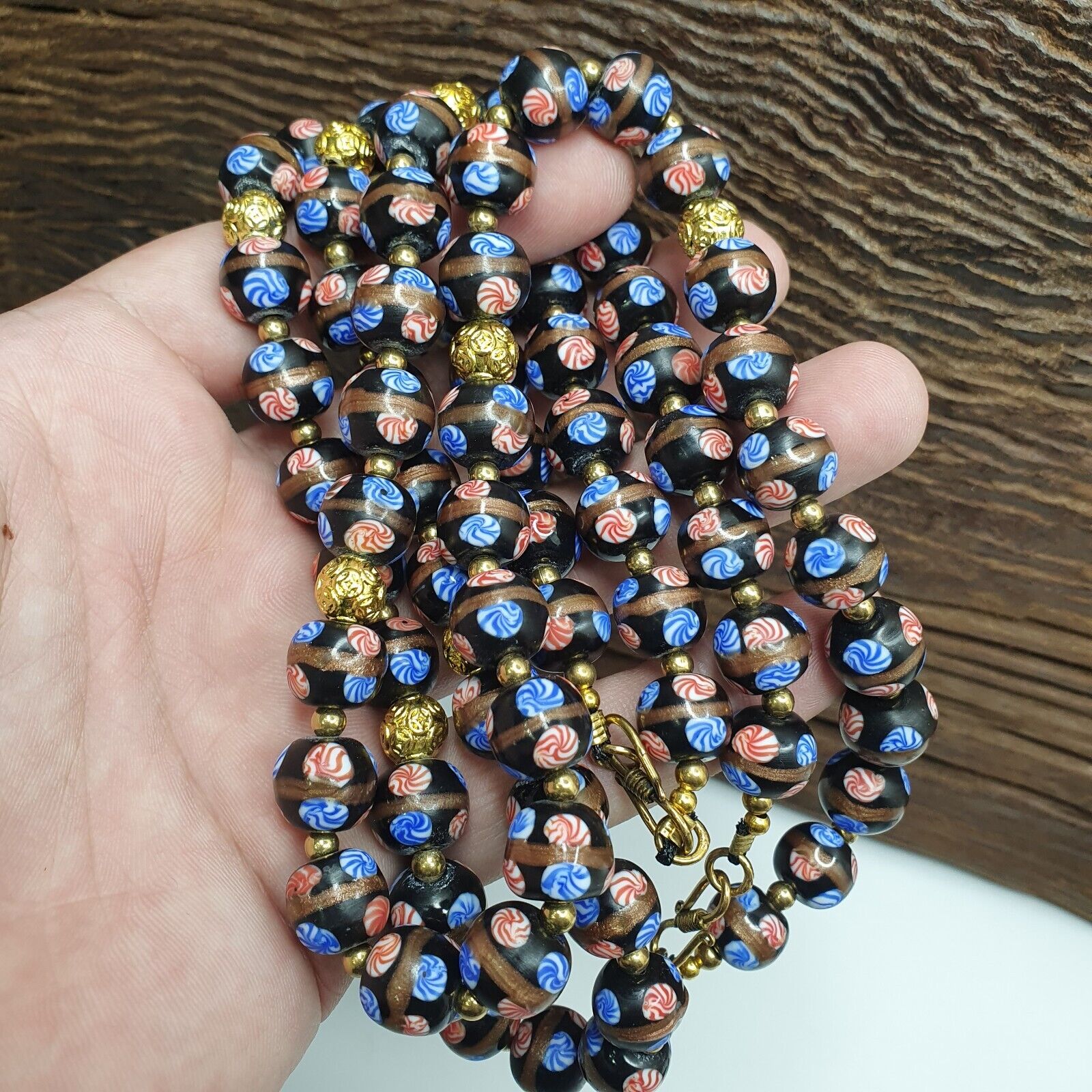 MURANO Style Fancy ART 12MM Mate Black Aventurine GLASS BEADS Strand